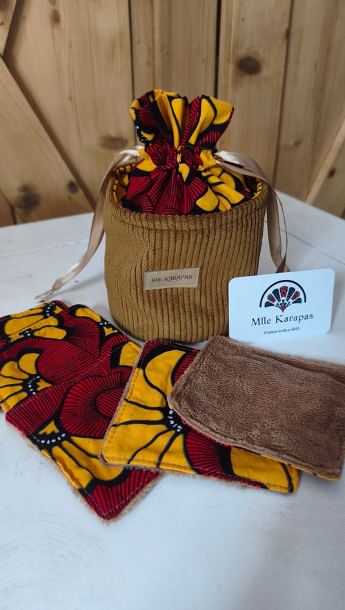 Ensemble  trousse pochon velours beige & 5 lingettes wax Mlle Karapas