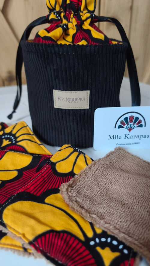 Ensemble  trousse pochon velours noir & 5 lingettes wax (Copie) Mlle Karapas